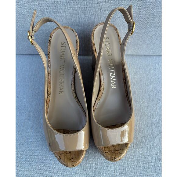 STUART WEITZMAN Wms Sz 7.5 Nude Patent-Leather Cork-Wedge Pumps 3.8" Heels SPAIN - Picture 2 of 8
